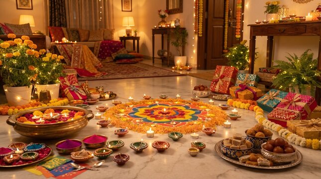 Indian diwali festival decoration with lamps marigold flowers and sweets on marble floor.