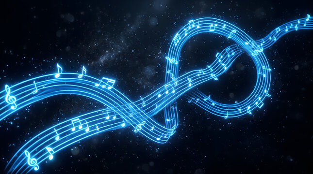 Visualized music melody of glowing neon musical staff lines flowing like silk ribbons