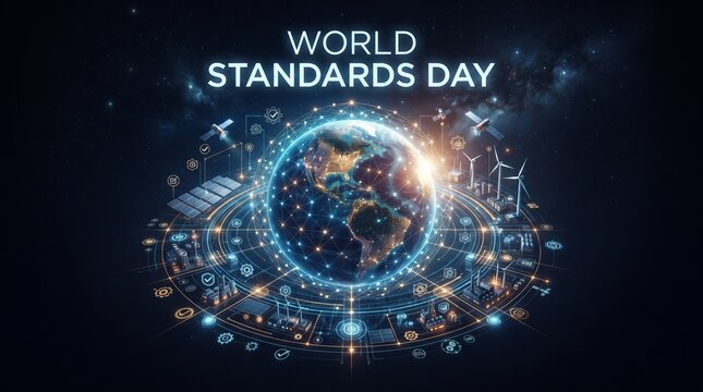 Global digital earth connection with orbiting satellites and industrial infrastructure energy lines.
