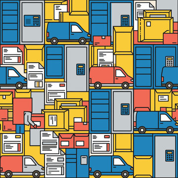 Colorful pattern of delivery vans and packages for holiday returns