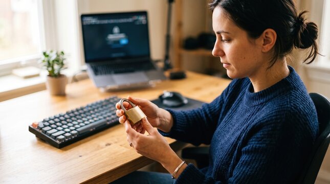 Woman Examining Medicine Bottle While Working Remotely