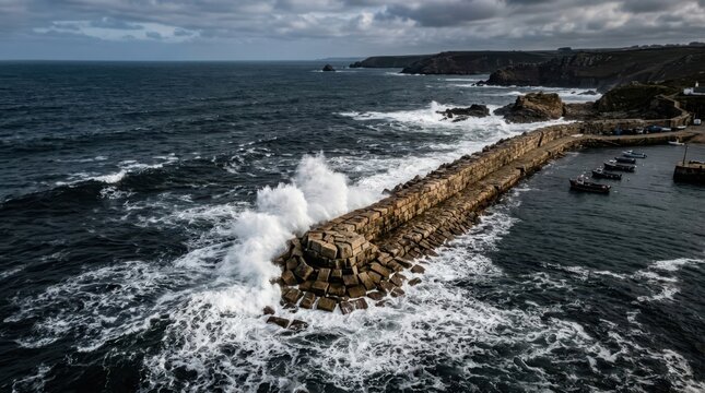 Massive stone breakwater enduring powerful ocean waves crashing against the rugged coastline under a cloudy sky.
