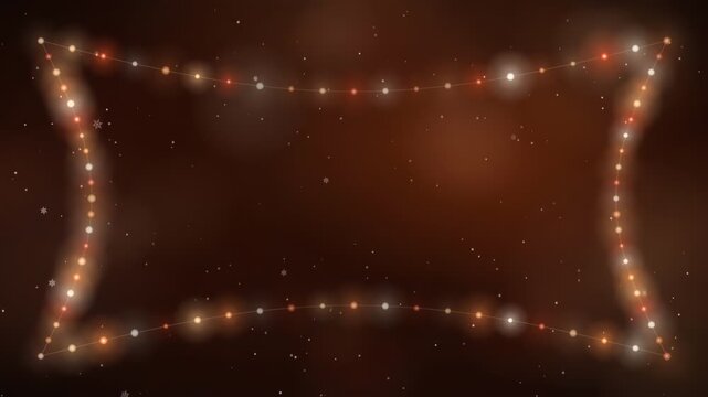 Abstract glowing golden light particles forming a decorative frame on a dark brown background