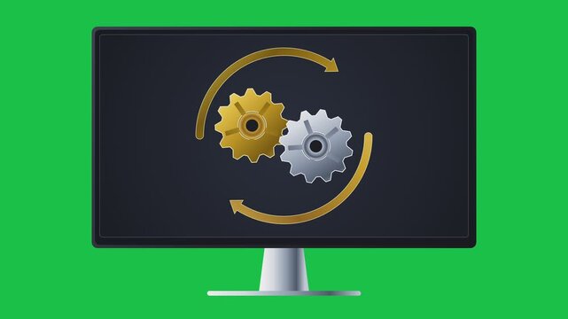 Digital System Optimization Concept Featuring Gear Icons on a Desktop Monitor Screen for Software Updates and Maintenance Processes
