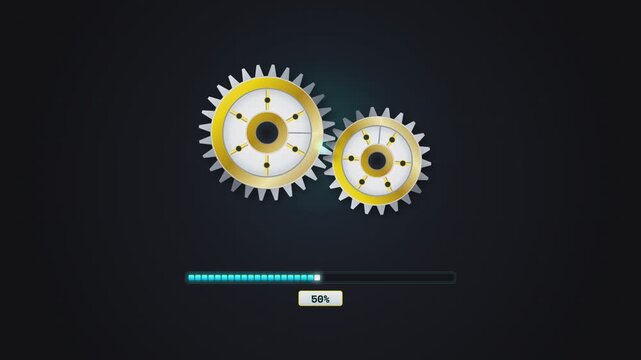 Digital Progress Loading Bar with Golden Mechanical Gear Wheels on a Dark Background for Software Updates and System Processing Conceptual Design