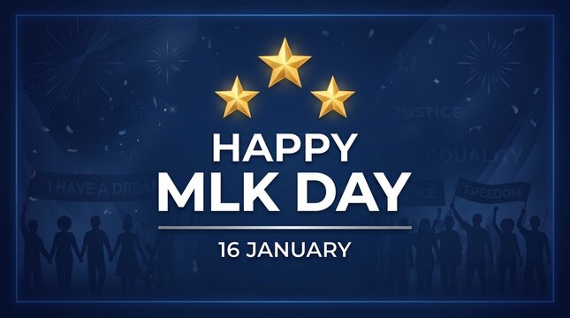 A festive blue graphic design celebrating martin luther king jr day with gold stars and elegant typography