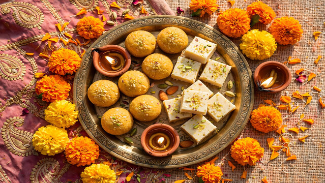 Traditional Indian sweets laddoo and barfi on a festive thali with marigold flowers and diyas for Diwali