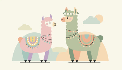 Fototapeta premium Two cute colorful lamas adorned with floral garlands and decorative saddles standing on a pastel landscape with clouds and sun in a vector art.