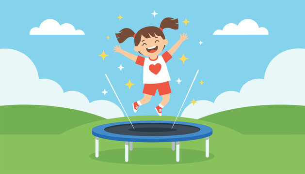 Happy little girl with pigtails jumping high on a blue trampoline outdoors in a sunny green park.