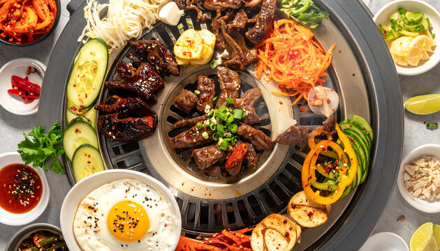 Traditional Korean BBQ Grill Setup with Assorted Meats and Colorful Side Dishes Flat Lay Top View