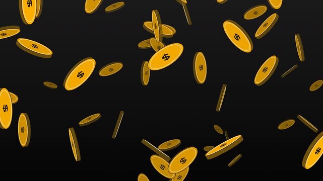 Premium 4K gold dollar coins falling continuously in a seamless loop. Features deep parallax, realistic rotation, and high-quality vector shading.