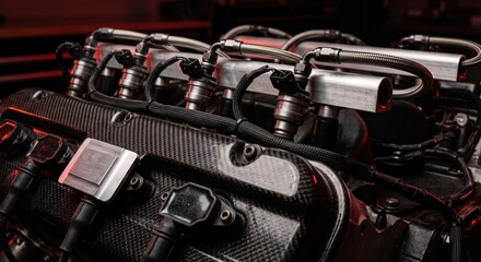 Fototapeta premium Carbon fiber racing engine with ignition coils, braided hoses, and metal fuel rails in dark red lit workshop.
