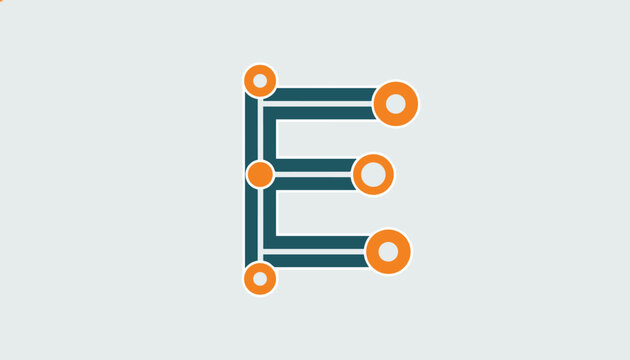 Modern geometric tech logo design featuring the letter E formed by connected lines and orange circular nodes on a light background.