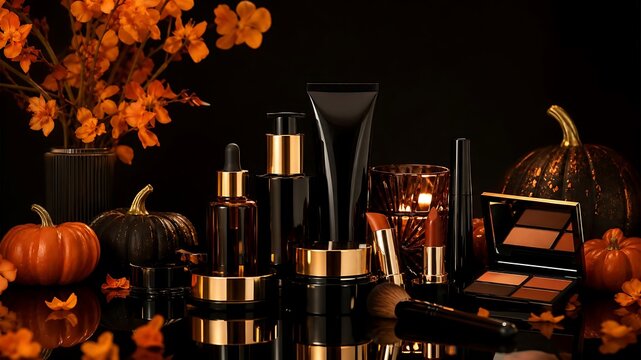 Luxurious autumn beauty product display with pumpkins and fall leaves on a dark reflective surface, featuring elegant black and gold cosmetic items.