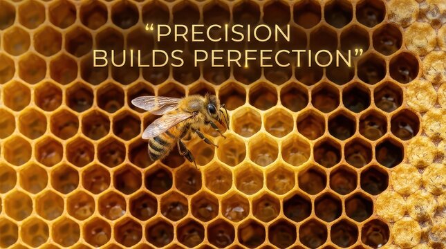 Honeybee on honeycomb with text "PRECISION BUILDS PERFECTION", close-up macro shot