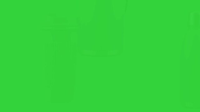 Collection of Green Reusable Travel Essentials Including a Coffee Cup, Hip Flask, and Water Bottle on a Chroma Key Background