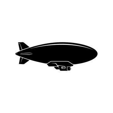 Black silhouette of a flying zeppelin blimp or dirigible balloon isolated on white background. Ideal for aviation and vintage transport themes