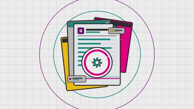 Abstract Illustration Featuring Organized Digital Documents and Central Configuration Cogwheel Gear Icon on a Grid Background