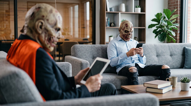 Two people wearing zombie masks sit on a sofa, one using a tablet and the other a smartphone, symbolizing a dark and humorous take on modern life