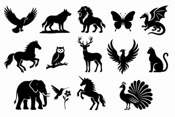 Fototapeta premium Set of black animal silhouettes featuring wildlife and mythical creatures for creative projects