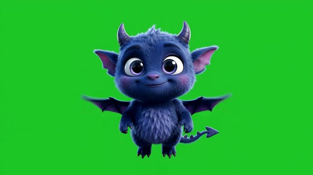 Cute cartoon devil monster character for Halloween holiday with wings and horns on chroma key