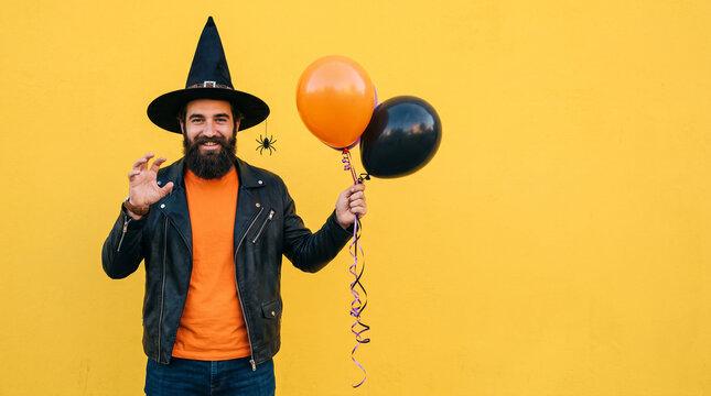 Man in witch hat and leather jacket with Halloween balloons and spider decoration, symbolizing festive celebration and playful mood, good for party themes.