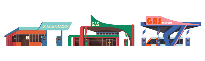 Gas stations with broad protective canopies, fuel branding areas and dedicated refueling forecourts. Energy facilities for gasoline distribution and automotive service. Vector roadside infrastructures © Sensvector