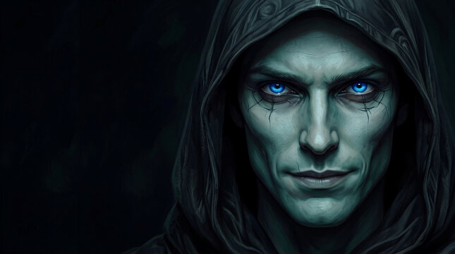 Portrait of a person with pale, blue-toned skin and piercing blue eyes, wearing a dark hooded cloak, suggesting mystery, intrigue, and fantasy