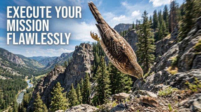 Hawk diving in a mountain landscape, executing its mission flawlessly, hunting prey