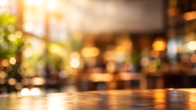 Empty wooden table top in a blurred restaurant cafe interior