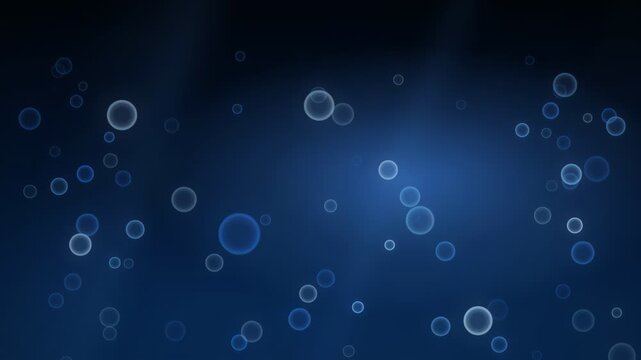 Abstract blue background with floating translucent bubbles and soft light particles moving in deep water