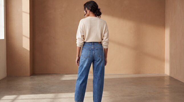 Stylish Indian Woman Wearing Trendy Barrel Leg Jeans in Studio