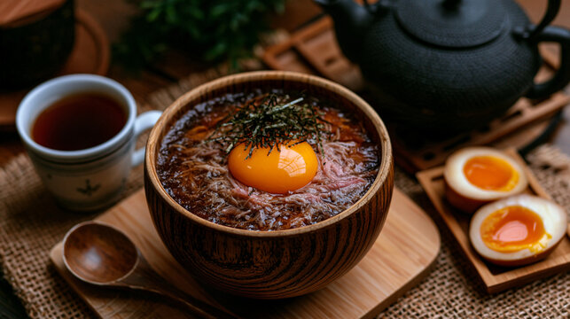 Wooden bowl of ramen noodles with a raw egg yolk and halved eggs asian noodles japanese foo