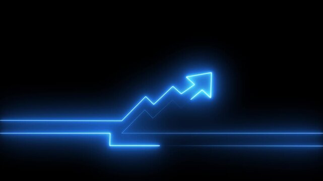 Glowing blue neon arrow moving upward on a dark black background representing business success growth progress and financial market performance in a modern digital tech style