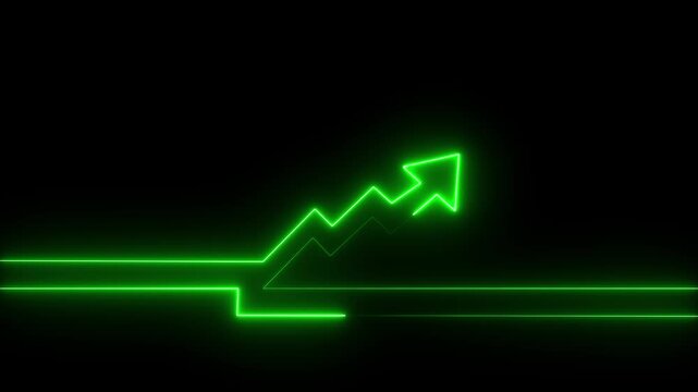 Glowing green neon arrow moving up on a dark background showing a bright line graph representing business growth success and positive financial market trends for data analysis