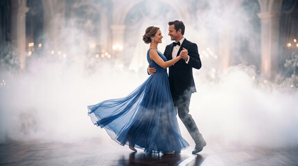 Fototapeta premium Elegant couple dancing in formal attire amid atmospheric fog, symbolizing romance, celebration, and sophistication, ideal for events or luxury themes