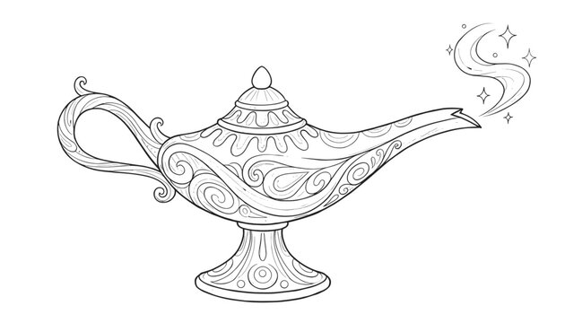 Intricate black and white outline illustration of an ancient magical genie lamp with smoke and sparkles coming out of the spout.