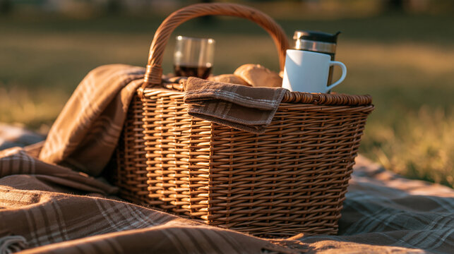 Wicker picnic basket with thermos and cups on a blanket outdoors in nature
