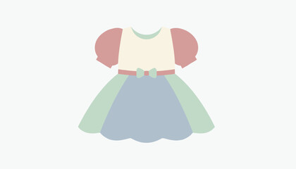 Fototapeta premium Cute cartoon dress with puffy pink sleeves, a white bodice, a light blue skirt, a green belt, and a little bow for fashion.