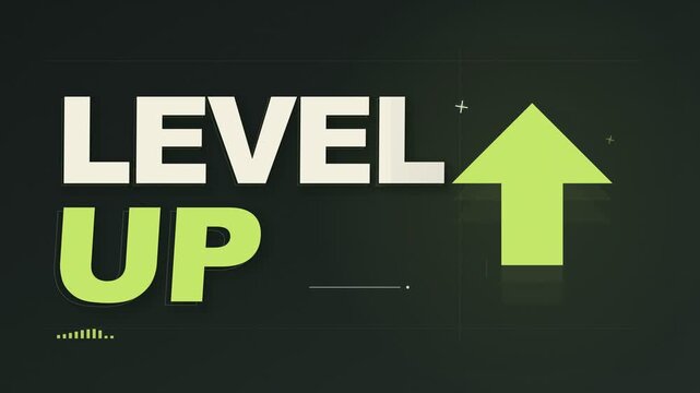Level up bold kinetic text with bright green arrow rising on dark green background, gaming achievement and growth concept