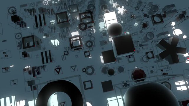futuristic 3D motion background featuring a complex grid network of floating abstract geometric cubes, wireframe structures, glowing spheres, and technological elements in dark monochromatic tones.