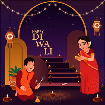 Happy Diwali Indian Festival of lights, celebration background, people lighting diya, fireworks and enjoying sweets vector illustration.