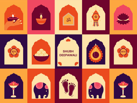 Happy Diwali Indian Festival of lights trendy abstract flat vector illustration with colorful icons abstract background.