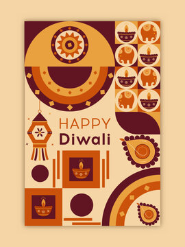 Happy Diwali Indian Festival of lights trendy abstract flat vector illustration with colorful icons abstract background.