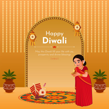 Happy Diwali Indian Festival of lights, celebration background, woman lighting diya at her home vector illustration.