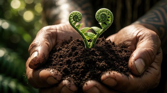 Maori man with traditional tattoos holds dark soil in cupped hands. Small green koru fern sprout grows from earth. Indigenous person nurtures young plant for reforestation, nature conservation in New