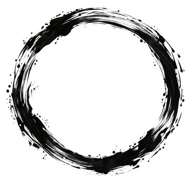 Black ink circular brush frame with grunge paint splatter isolated on transparent background
