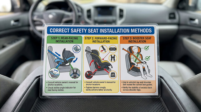Instructional sign for car safety seat installation methods placed on a vehicle console
