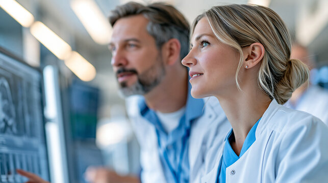 Doctor and scientist reviewing a complex medical research presentation on a large screen, clinical research, healthcare innovation, medical science, interdisciplinary