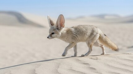 Fototapeta premium A fennec fox walking across the vast and arid sand dunes of the Sahara desert in North Africa